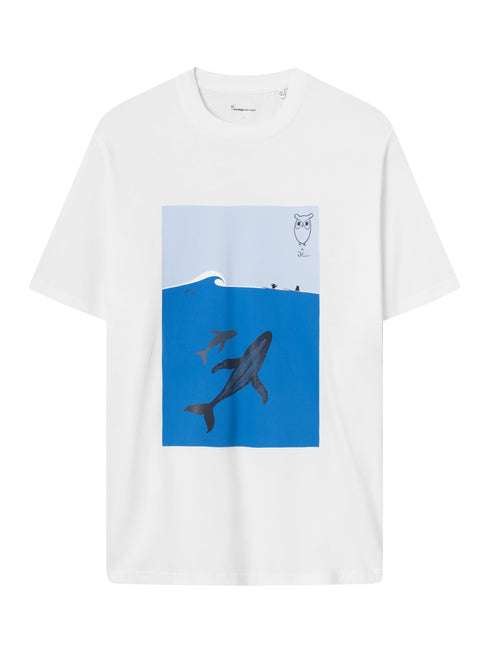 KnowledgeCotton Apparel - Regular whale front print t-shirt - GOTS/Vegan - Bright White